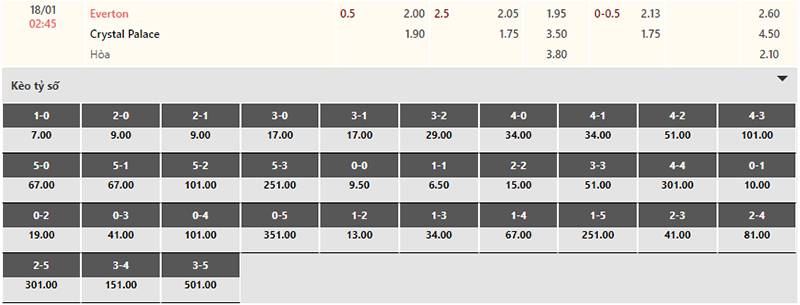 Bảng tỷ lệ kèo Everton vs Crystal Palace 02h45 ngày 18/1/2024